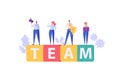 People standing on cubs with word TEAM, shout, reward cup. Concept of teambuilding, successful teamwork, corporatism, workflow,