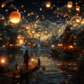 people standing in the dark on a pier at night, surrounded by Chinese lanterns,