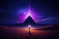 People standing in front of pyramid in desert, science fiction concept. Generative AI