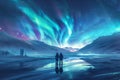 people standing by a frozen river under the aurora lights of the sky
