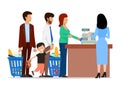 People standing in long queue in supermarket vector illustration. Families with children, persons with shopping baskets Royalty Free Stock Photo