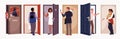 People standing at open door set, man and woman opening door to welcome, go inside Royalty Free Stock Photo