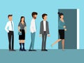 People standing in queue vector illustration. Group of businesspeople stand in line in front of door. Persons to queue Royalty Free Stock Photo