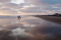 People standing in the shallow surf on a beach at sunset next to the Pacific ocean Royalty Free Stock Photo