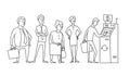 People standing and waiting in line queue ATM cash dispenser. Humans are queued. Hand drawn black line vector stock