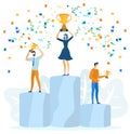 People Standing on Winning Podium with Awards. Royalty Free Stock Photo