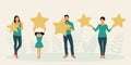 People are holding stars. Customers give feedback and leave positive feedback.