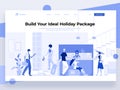 People stay near the hotel registration desk and book a room while interacting with devices. Vector illustration. Landing page. Royalty Free Stock Photo