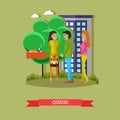 People stay and talk in queue to buy food in street cafe. Vector illustration on flat style
