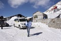 Indian and traveler people stop car rest at check point base camp on Khardung La Road in Himalaya mountain at Leh Ladakh in India