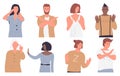 People with stop hand gestures set, man woman reject, cross arms, showing boycott gesture