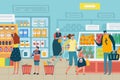 People in store. Customer choose food supermarket family cart shopping product assortment grocery store interior concept