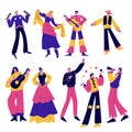 People street atrists and musicians in bright costumes during performance vector illustration