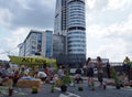 People in the street and a boat at the extinction rebellion protest blocking the road at victoria bridge in leeds