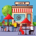 People in street cafe vector illustration. Couple drinking coffee and having breakfast. City lifestyle concept.