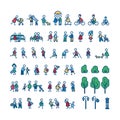 People on the street in different action poses. Color vector illustration. Icon style set