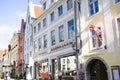 People in the street, tourist walking scene, buildings and architecture exterior view in old town of Tallinn Royalty Free Stock Photo