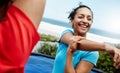 People are stretching, fitness and outdoor, start sports with athlete and personal trainer or couple ready for workout