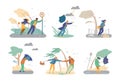 People struggle against storm and hurricane wind vector illustration. Thunderstorm fall weather, tree and palm tree.