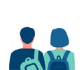 People students with backpack, couple back view. Young friends with school bag, learner, adolescent. Choice future way