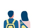 People students with backpack, couple back view. Young friends with school bag, learner, adolescent. Choice future way