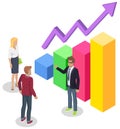 Colleagues working with data and discuss. Characters while analysing statistical bar chart Royalty Free Stock Photo