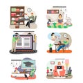 People studying at home, in public library, flat vector isolated illustration. Online learning, remote education. Royalty Free Stock Photo