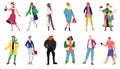People in stylish outfit collection, set of women and men wearing trendy clothes, isolated vector illustrations. Young