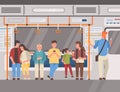 People in subway train, public transport flat vector illustration. Men and women sitting and standing in underground