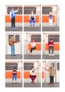 People in subway train semi flat vector illustration set