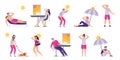 People suffer from heat. Sunstroke, summer hot weather and overheating. Sweaty people overheated in sun vector illustration set