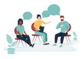 People suffering from problems, attending psychological support meeting. Patients sitting in circle, talking. Vector. Royalty Free Stock Photo