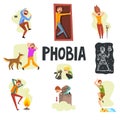 People suffering from various phobias set, arachnophobia, claustrophobia, musophobia, cynophobia, nyctophobia Royalty Free Stock Photo