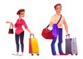 People with suitcase travel by airplane or train.