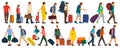 People with suitcases bags and backpacks. A crowd of people tourists. Migration of people. Vector illustration isolated set Royalty Free Stock Photo