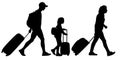 People with suitcases go on a trip. Family with a child goes on vacation. Vector silhouette