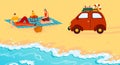 People on summer beach camp picnic vector illustration. Cartoon flat happy man woman camper traveler characters eating