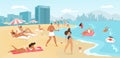 People on summer beach landscape, travel to tropical sea concept, sunbathing and swimming in ocean, resort flat vector Royalty Free Stock Photo