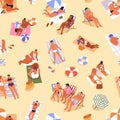 People on summer beach, seamless pattern. Tiny tourists relaxing, resting sunbathing on sand, towels, endless background Royalty Free Stock Photo