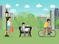 People in summer city park vector illustration. Characters are recreation and work outdoor in park. Woman is walking Royalty Free Stock Photo