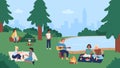 People in summer outdoor city park activity vector illustration, cartoon flat woman man friends or couple have fun on Royalty Free Stock Photo