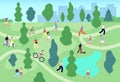 People in summer park. City green garden. Men women walking, relaxing and training, meeting, fishing. Outdoor activity Royalty Free Stock Photo