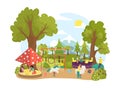 People at summer park playground, vector illustration. Cute outdoor childhood, children girl boy character play at