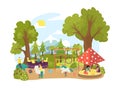 People at summer park playground, vector illustration. Cute outdoor childhood, children girl boy character play at Royalty Free Stock Photo