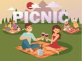 People on summer picnic vector illustration. Young family with children, romantic couple on date, grandparents playing