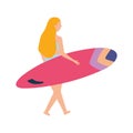People summer related design, woman carrying surfboard, season activity
