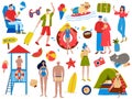 People in summer vacation vector illustration set, cartoon flat active woman man vacationers swim, sunbathe and relax Royalty Free Stock Photo