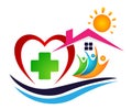 People sun sea wave home heart medical logo icon winning people union together team work success wellness summer symbol icon Royalty Free Stock Photo