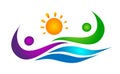 People sun sea wave water wave winning swimming logo team work celebration wellness icon vector designs on white background Royalty Free Stock Photo