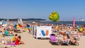 People sunbath on the beach in Sopot